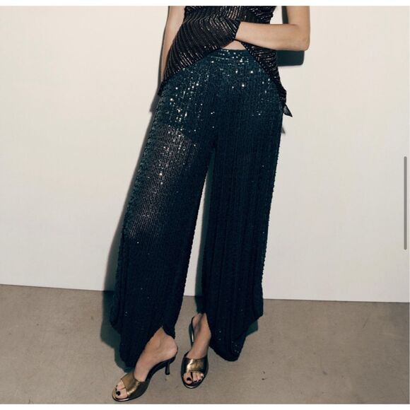 Zara Pants - NWT Zara Holiday Party Green Sequin Balloon Pants Limited Edition Size Medium